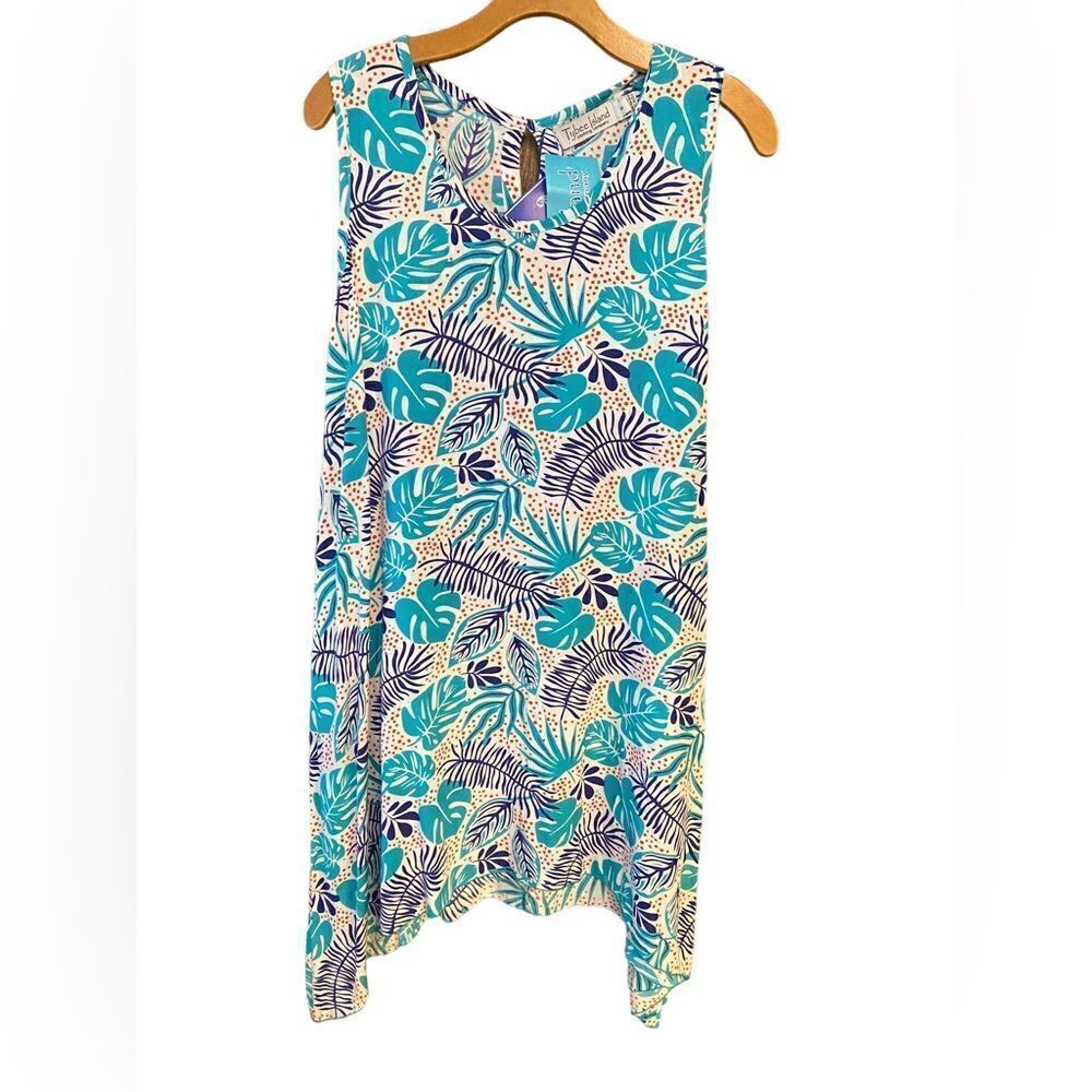 Tybee Island NWT Sz S Turquoise Blue Tropical Palm Tree Print Glowy Summer Dress